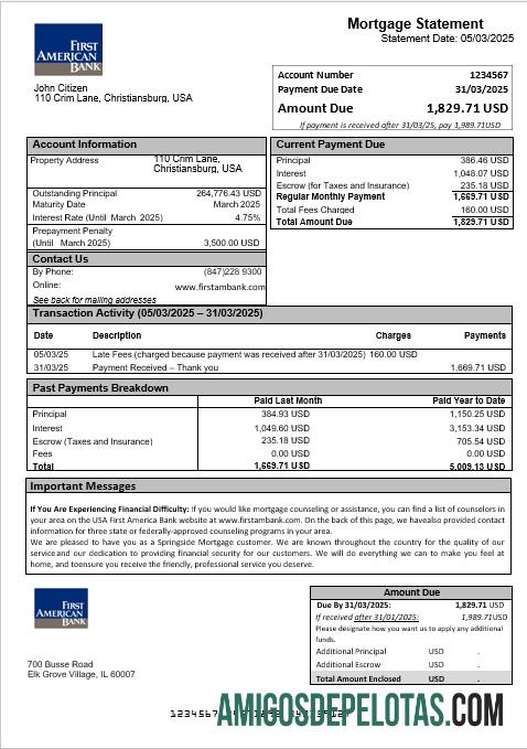 Extrato de hipoteca do USA First America Bank em formatos Word e PDF amostra
